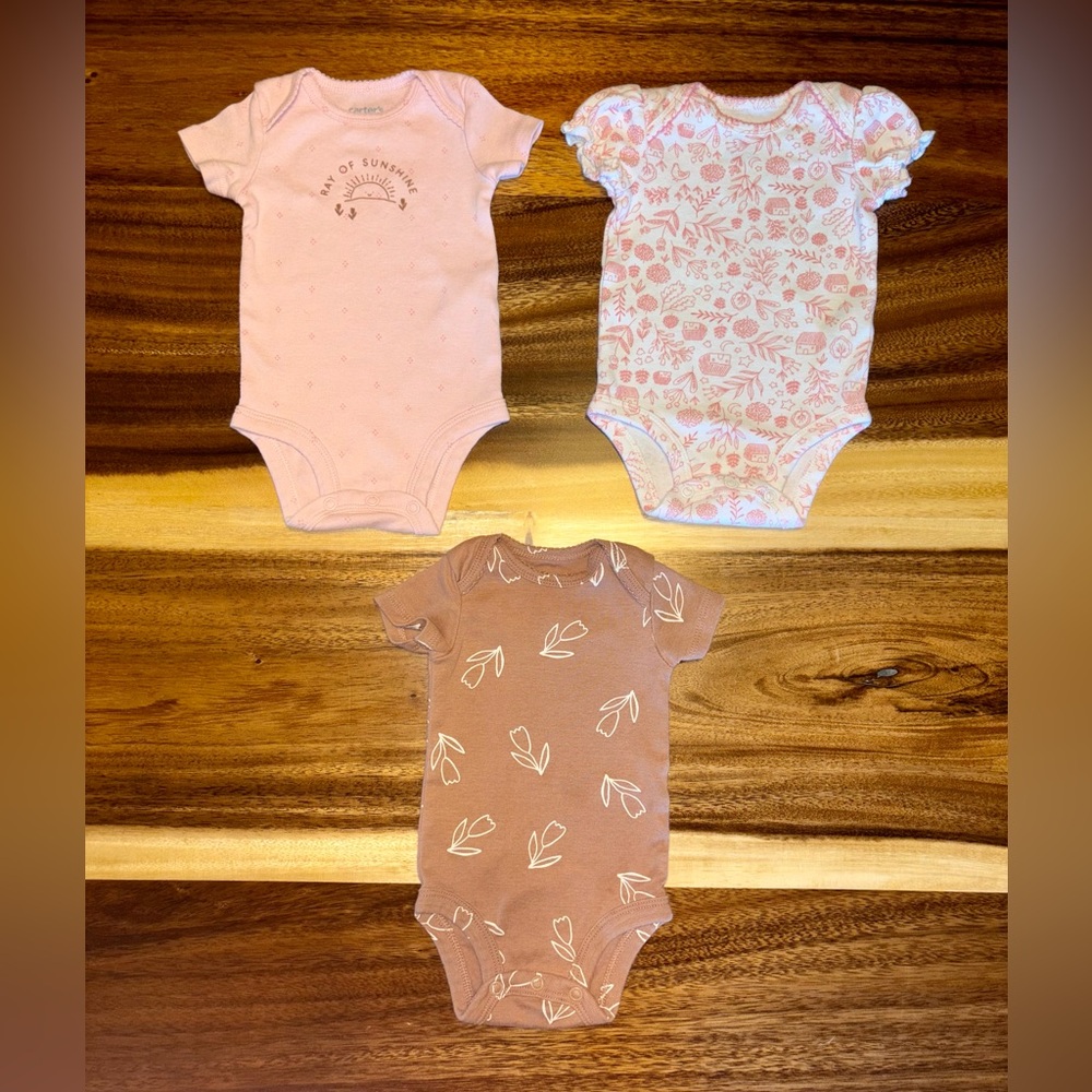 Carter's 3-pack Pink, White, and Brown Bodysuits Set Soft and Stylish